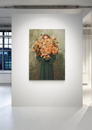 Painting of a woman in a green dress holding large bouquet of orange flowers, displayed on a white gallery wall.