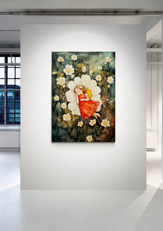 Painting of a girl in red dress sleeping inside a daisy, surrounded by flowers. Blossom Dreams by Annika Persson.