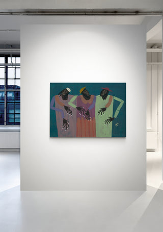 Painting of three figures in colorful attire displayed on a white gallery wall at Studio IMO's My People product page.