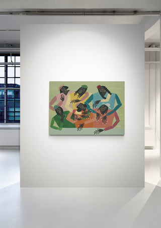 Colorful abstract painting of six figures conversing, displayed on a white wall in a modern gallery space.