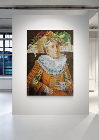 Painting of a person in ornate clothing with birds, cage, and fruit, displayed in a modern gallery setting.