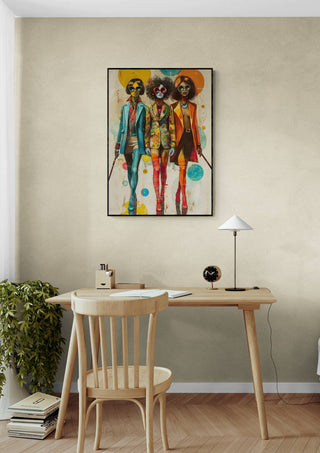 Wackie Jackies Argo - Tara Green wall art displayed above a minimalist wooden desk with chair and lamp.