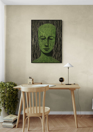 Framed Mr. Green - Martin Zen artwork above a minimalist desk with chair, lamp, and plant in a modern room.