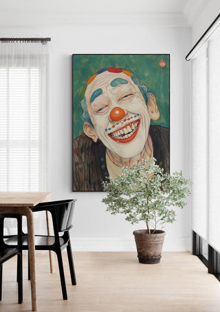Framed painting of a smiling clown in a modern dining room, product by The Artist - Tara Green.
