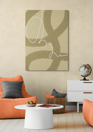 Drift Loop I - Yuli abstract wall art displayed in a modern living room with orange accents.