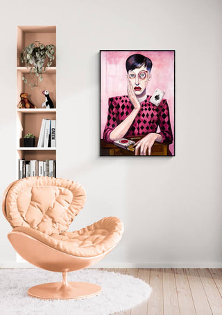 Framed Martin Zen artwork "My Surprise" on a white wall above a peach chair in a modern living room.