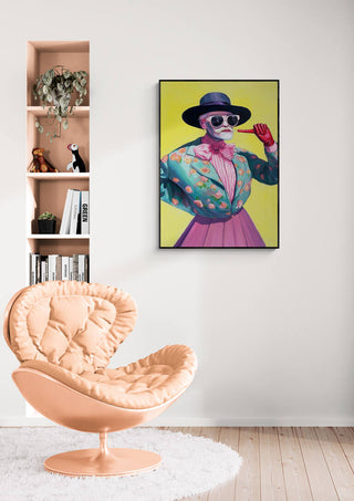 Framed "I Point My Finger - Martin Zen" artwork displayed above a peach chair in a modern living room.