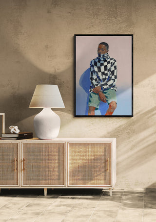 Framed "Grounded - Martin Zen" artwork above a sideboard with a lamp in a modern, minimalist room.