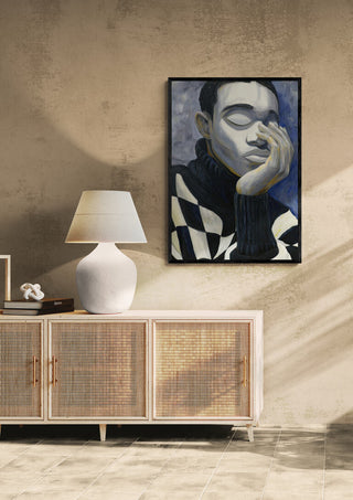 Overthinking by Martin Zen, portrait painting of a pensive person, displayed in a modern living room setting.