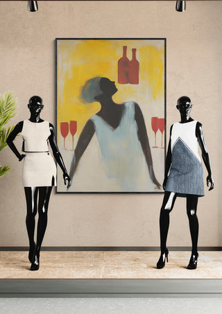 Two mannequins in dresses stand beside a wall art of a woman with wine bottles and glasses, titled Wine Time Prime Time.