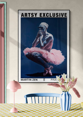 Poster of "Pink Ballet" by Martin Zen featuring a seated ballerina in pink, displayed above a pastel dining table.