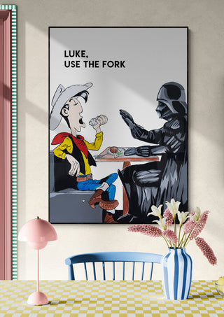Poster of Lucky Luke and Darth Vader at a table, with text "Luke, Use The Fork" displayed above them.