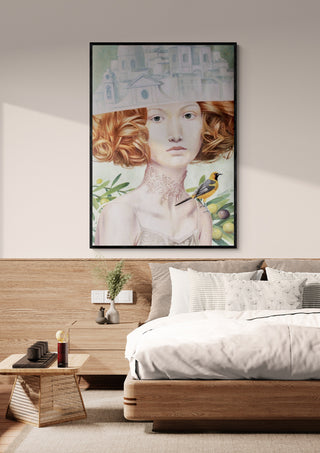 Delicate Armor by Alesandr Mihaltchuk framed above a modern bed in a softly lit bedroom setting.