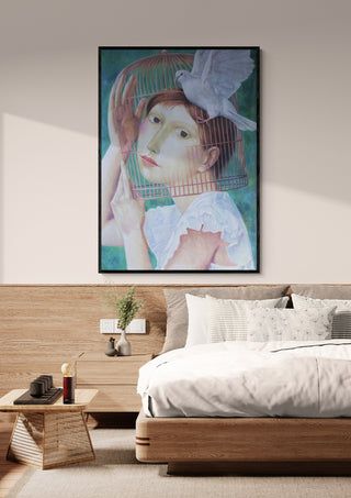 Framed "A Quiet Escape" by Alesandr Mihaltchuk displayed above a modern bed in a cozy bedroom setting.