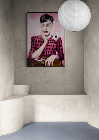 Framed "My Surprise - Martin Zen" artwork featuring a person in pink, displayed on a modern concrete wall.