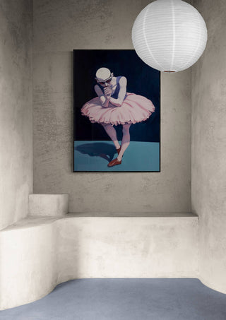 Framed "Mr. Ballet - Martin Zen" artwork featuring a ballet dancer in pink tutu, displayed in a minimalist room.