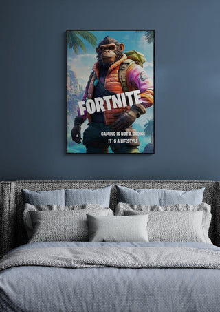 Fortnite Monkey Gamer Plakat featuring a monkey character in gaming attire, displayed above a modern bed.