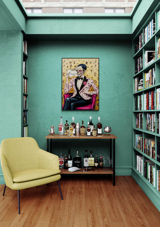 Face Your Fears - Martin Zen artwork hanging above a bar cart in a modern room with bookshelves and green walls.