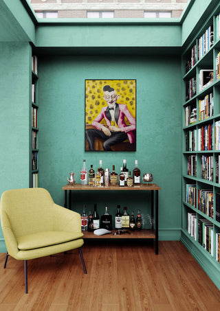Party Time - Martin Zen artwork displayed above a bar cart in a stylish, modern reading room with bookshelves.