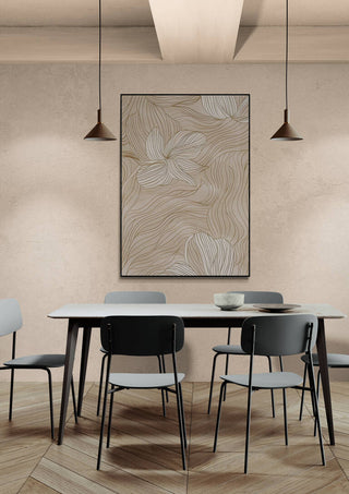 Minimalist dining area with a botanical line art piece, Organic Unfolding, hanging above a modern table and chairs.