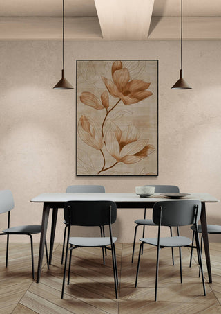 Minimalist dining room with soft lighting, Play of Light floral artwork on the wall above a modern table and chairs.