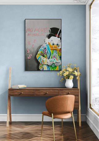 Framed Mo Money by Daniel Leo artwork featuring Scrooge McDuck above a modern wooden desk with a vase of flowers.