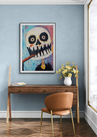Framed "My Cigar - Martin Zen" artwork featuring a skull with a cigar, displayed above a modern desk.