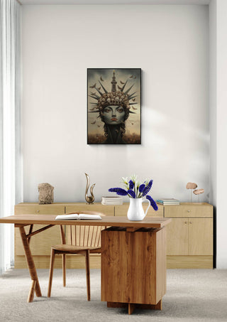 We are Free - Tara Green artwork hanging above a modern wooden desk in a minimalist home office setting.