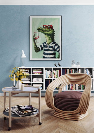 Modern living room featuring Zoomelier - Martin Zen artwork of an alligator in red glasses holding a wine glass.
