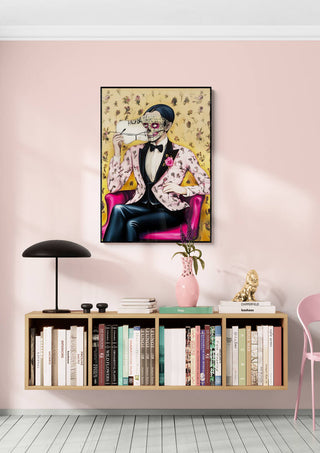 Face Your Fears - Martin Zen artwork on a pink wall above a modern shelf with books and decor.