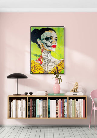 Inner Thoughts by Martin Zen artwork on a pastel pink wall above a modern bookshelf with books and decor.