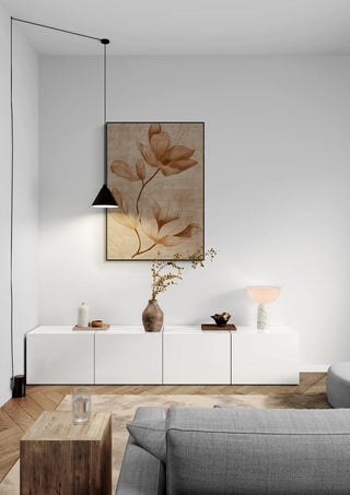 Elegant modern living room featuring the Play of Light lamp on a white sideboard with minimalist decor.