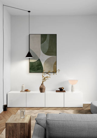 Minimalist living room with Parallel Universes artwork above a white console and modern decor accents.