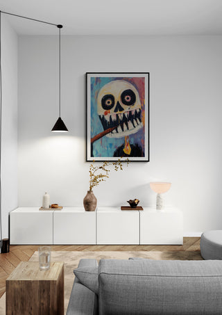 My Cigar by Martin Zen artwork hanging in a modern living room above a white sideboard and minimalist decor.
