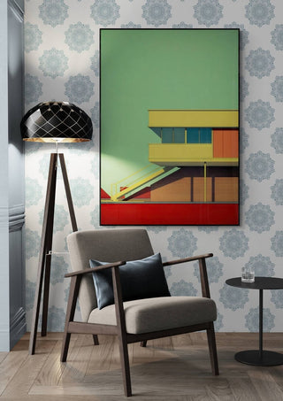 Framed Flat Bauhaus - David Wolf artwork on wall above armchair in a modern, stylish living space.