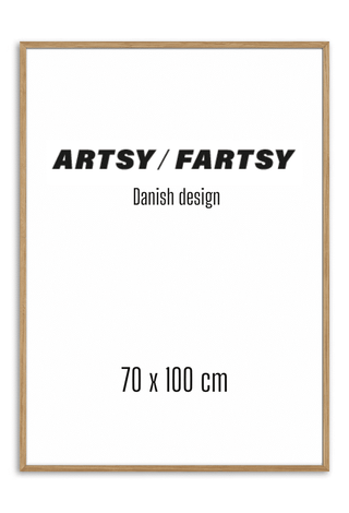 Solid oak frame 70x100 cm with minimalist poster, featuring "Artsy / Fartsy" and "Danish design" text.