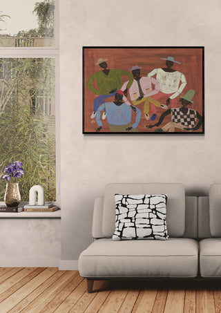 Framed "Long Time No See" artwork by Studio IMO displayed above a gray sofa in a modern living room.