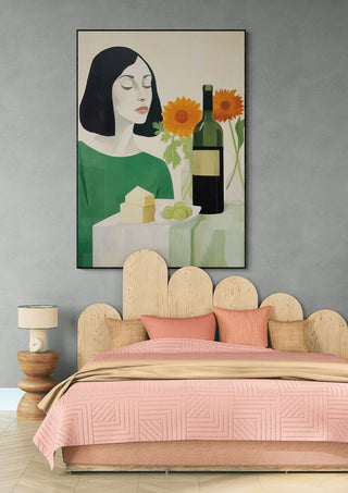 The Winer by David Wolf artwork above a modern bed with pink bedding and wooden headboard in a stylish bedroom.