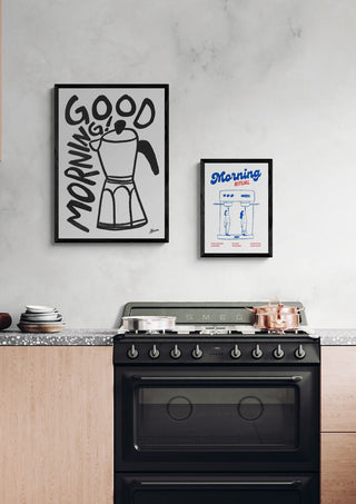 Kitchen with stove, mugs, and coffee-themed wall art; perfect for Morning ritual - Coffee junkies product page.