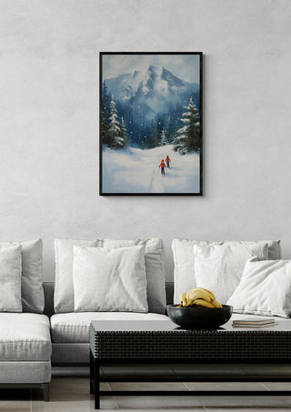 Framed artwork of two kids skiing on a snowy trail with pine trees and mountains in the background.