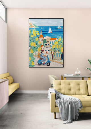 Travel poster of a woman on a scooter on the Amalfi Coast, with colorful seaside village and sailboats.