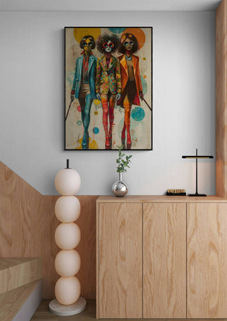 Wackie Jackies Argo - Tara Green art print displayed above a modern wooden cabinet in a stylish room.