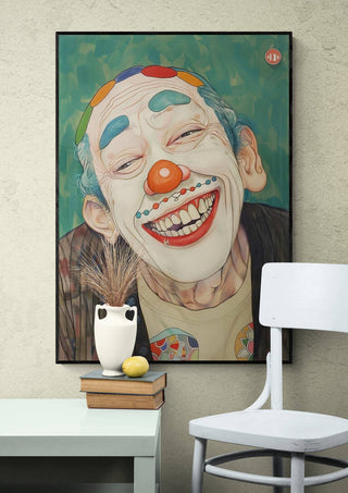 Colorful painting of a smiling clown with polka dots, displayed above a white chair and table.