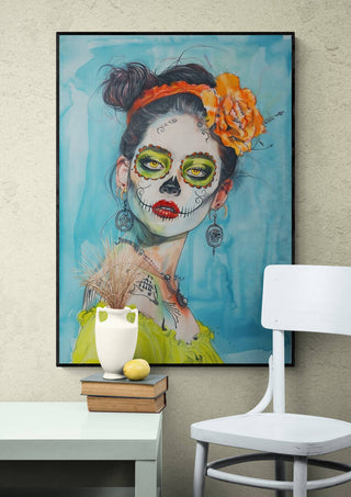 Framed "Mexican Smile - Tara Green" artwork featuring a woman with Day of the Dead face paint on a colorful wall.