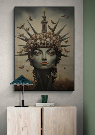 Surreal portrait of a crowned woman with birds, displayed above a minimalist cabinet in a modern room.