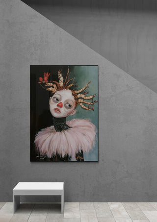 Framed artwork "Naughty With Nature" by Martin Zen featuring a whimsical figure with a clown nose on a gray wall.