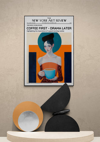 Framed Coffee First - Drama Later Artsy Edition poster featuring a woman holding a blue coffee cup.
