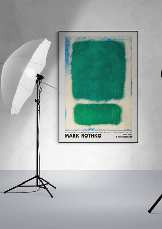Framed Rothko Green Retroperspective art print on a studio wall with softbox lighting equipment.