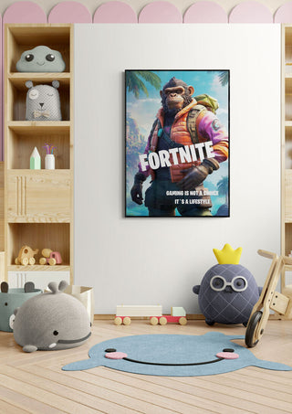 Fortnite Monkey Gamer Plakat displayed in a children's room with plush toys and wooden shelves.