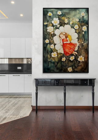 Large Blossom Dreams - Annika Persson artwork featuring a girl in red on a daisy, displayed above a black console table.